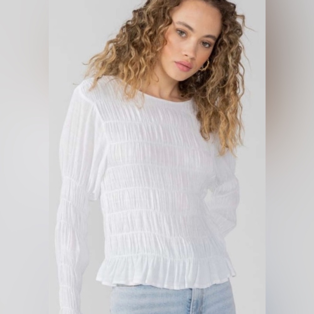 Sanctuary Stay Together Long Sleeve Smocked Back Keyhole Frilly Trim Blouse Top